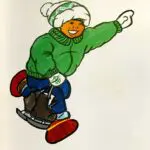 A drawing of a person on a snowboard.